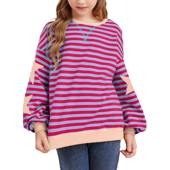 Mercatoo Girls Striped Sweatshirts Oversized Star Graphic Crew Neck Pullover Sweatshirts Clothes Teen Kids Cute Tops Sweater