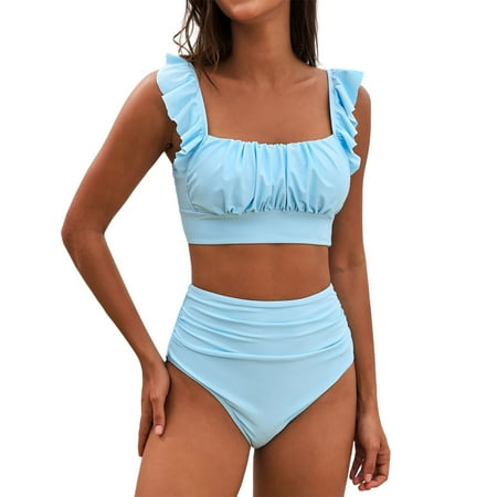MGCWSH Womens High Waisted Bikini Sets Ruffle Cheeky Tummy Control Full Coverage Push Up Solid Two Piece Swimsuits Sky Blue M