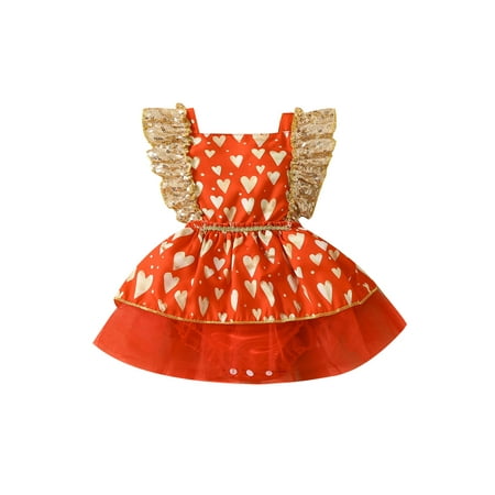 

Bagilaanoe Newborn Baby Girl Valentine’s Day Rompers Dress Heart Print Fly Sleeve Bodysuit Tulle Skirt 3M 6M 12M 18M 24M Infant Patchwork One Piece Jumpsuit