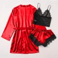 thumbnail image 3 of Woman Sleepwear 3pcs Solid Lace Trim Satin Pajamas Set With Robe Sexy Faux Silk Pijamas Robe Sets Casual Home Clothes Nightwear, 3 of 4