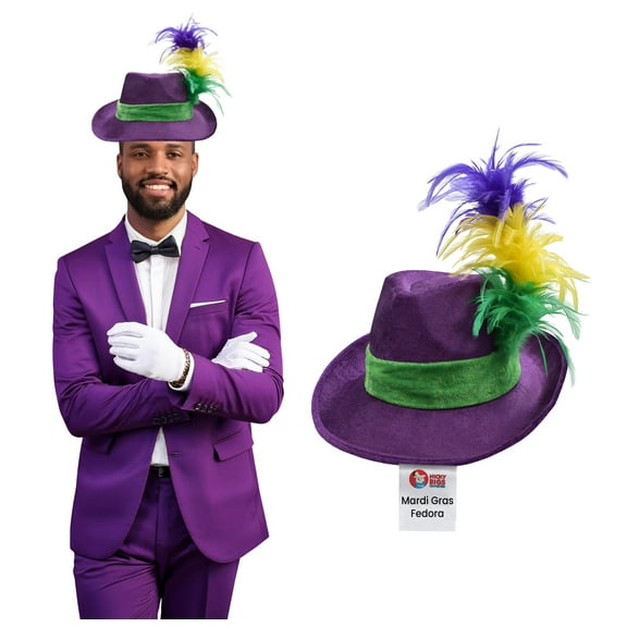 Velvet Mardi Gras Fedora Hat Gold Fleur De Lis And Feather Costume Accessory