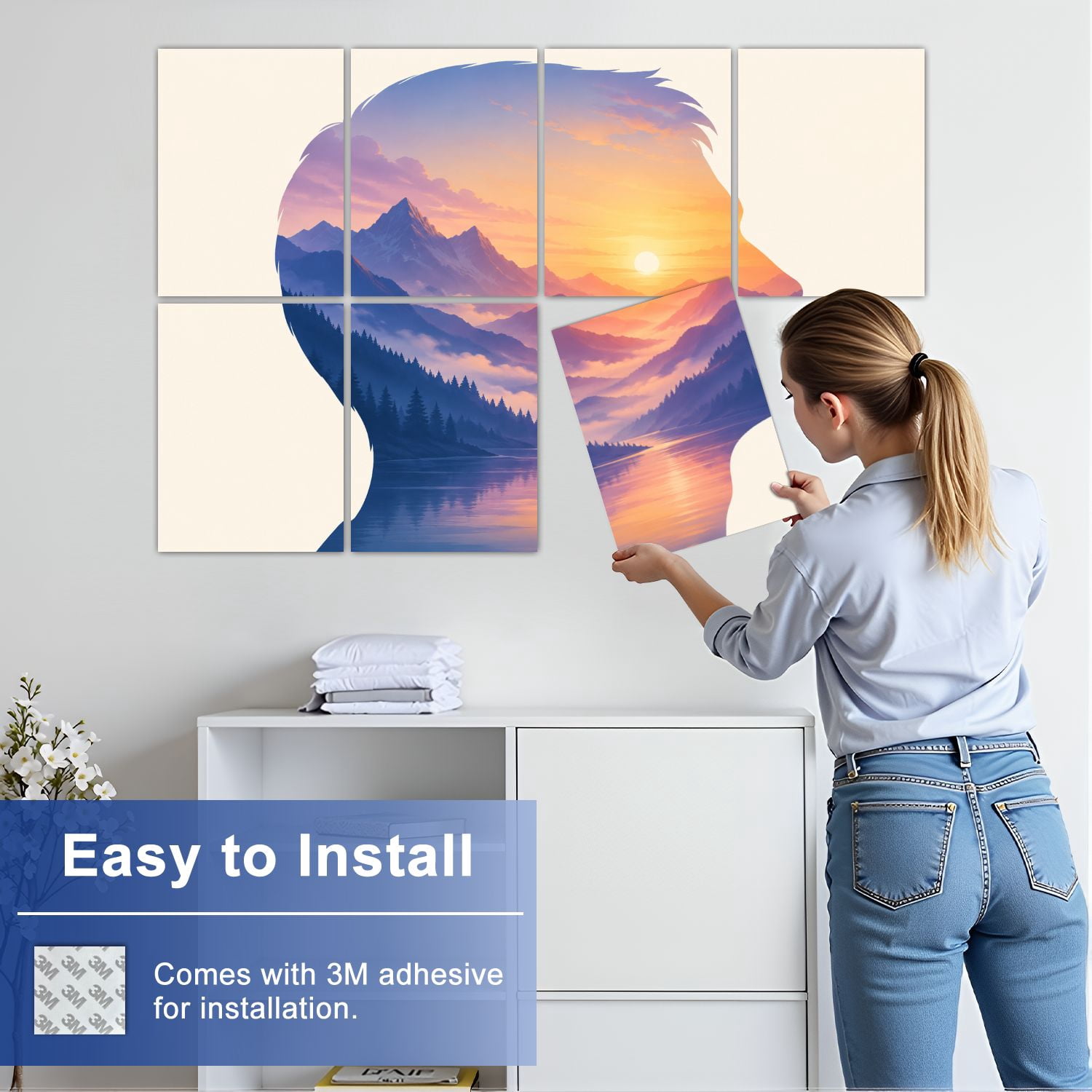 8 Pack Art Acoustic Panels Sound Absorbing Double Exposure Girl Portrait Landscape Decorative Soundproof Wall Panels Self Adhesive for Clinic Hospital 48"x32"