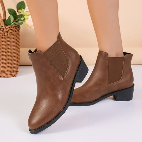 YOUSNH Ladies Fashion British Style Solid Leather Pointed Thick Heel Short Ankle Boots Womens Boots Brown 6.5