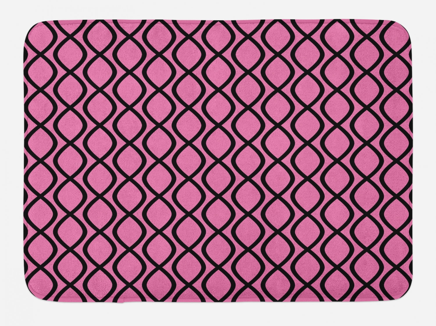 Hot Pink Bath Mat, Vertical Wavy Lines Tangled Stripes Curves Girlish