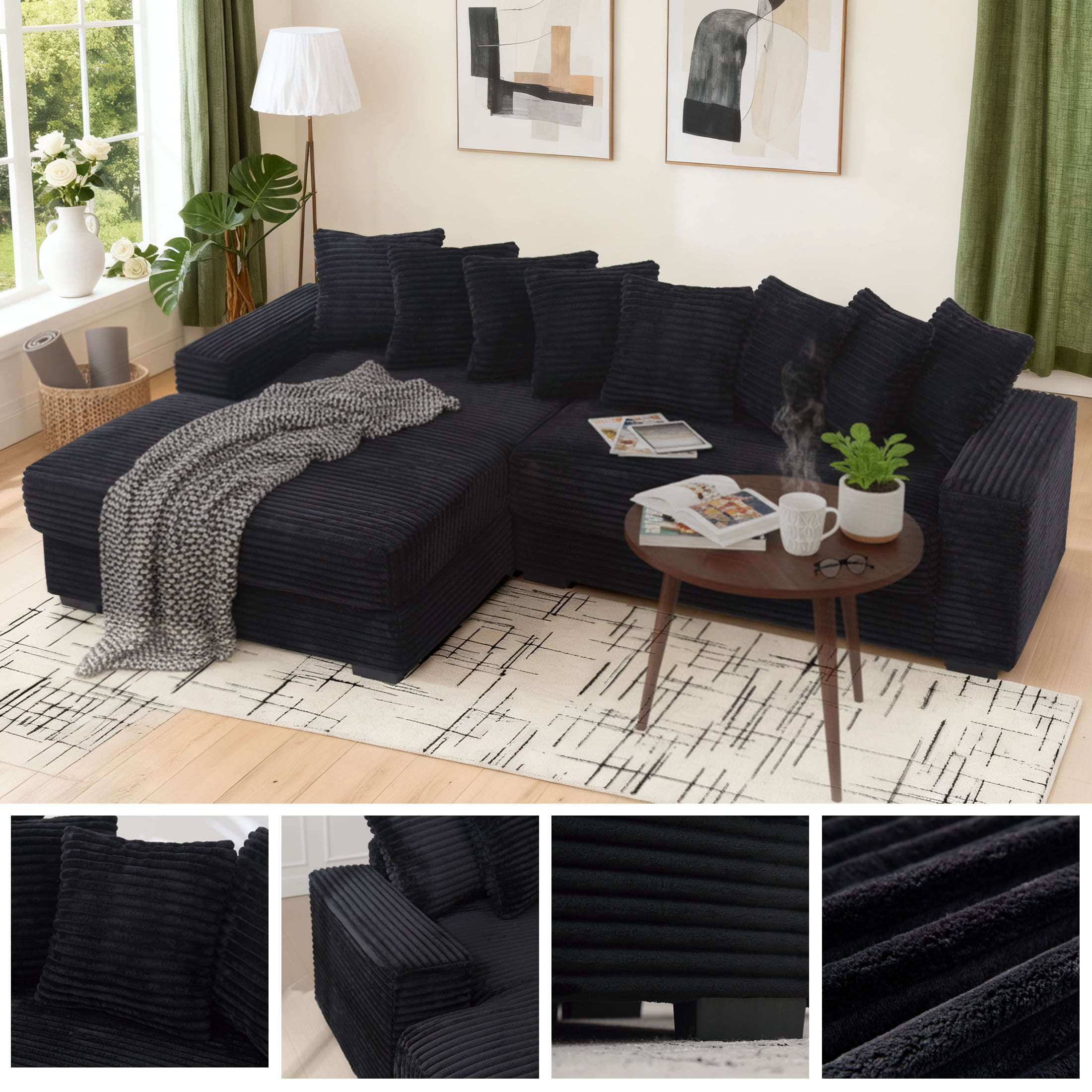 EPOWP Modular Sectional Sofa with 8 Pillows, 111" L Shaped Deep-Seating Couch for Living Room, Black(Left)