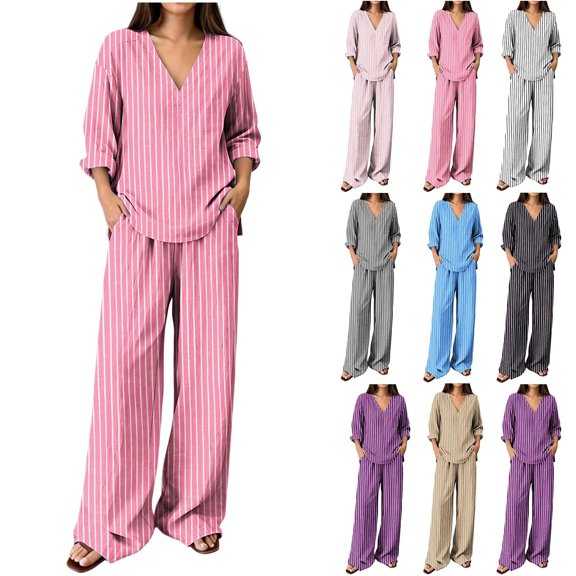 Aaihamo Women's Plus Size 2 Piece Pajama Outfit Striped V Neck 3/4 Sleeve Blouse Wide Leg Pants Casual Boho Lounge Set Loose Matching Travel Daily Tracksuits, Pink S