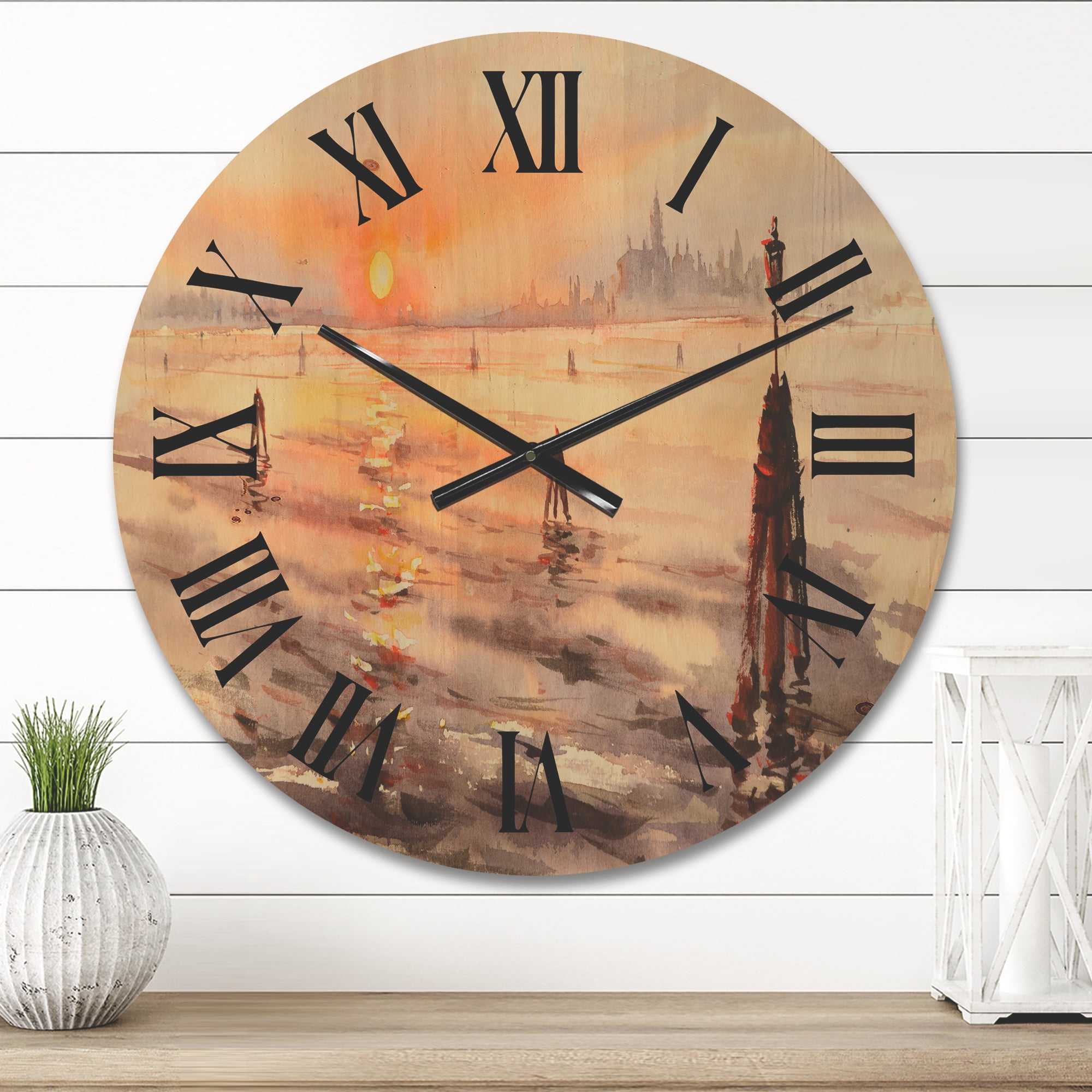 Designart 'Panorama of Venice Laguna Beach At Sunset' Nautical & Coastal Wood Wall Clock