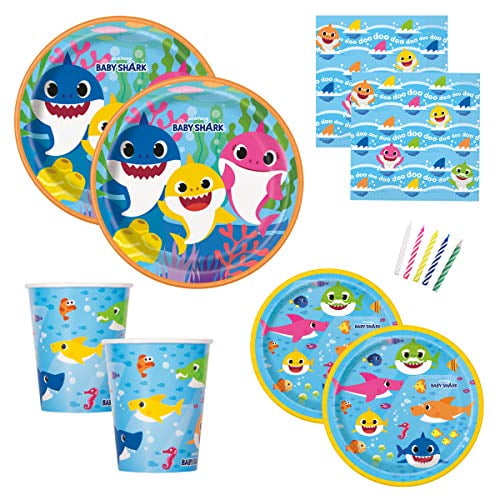 Serves 24, 123 Pieces Banner Hats Details about   Shark Party Dinnerware Plastic Tablecloth