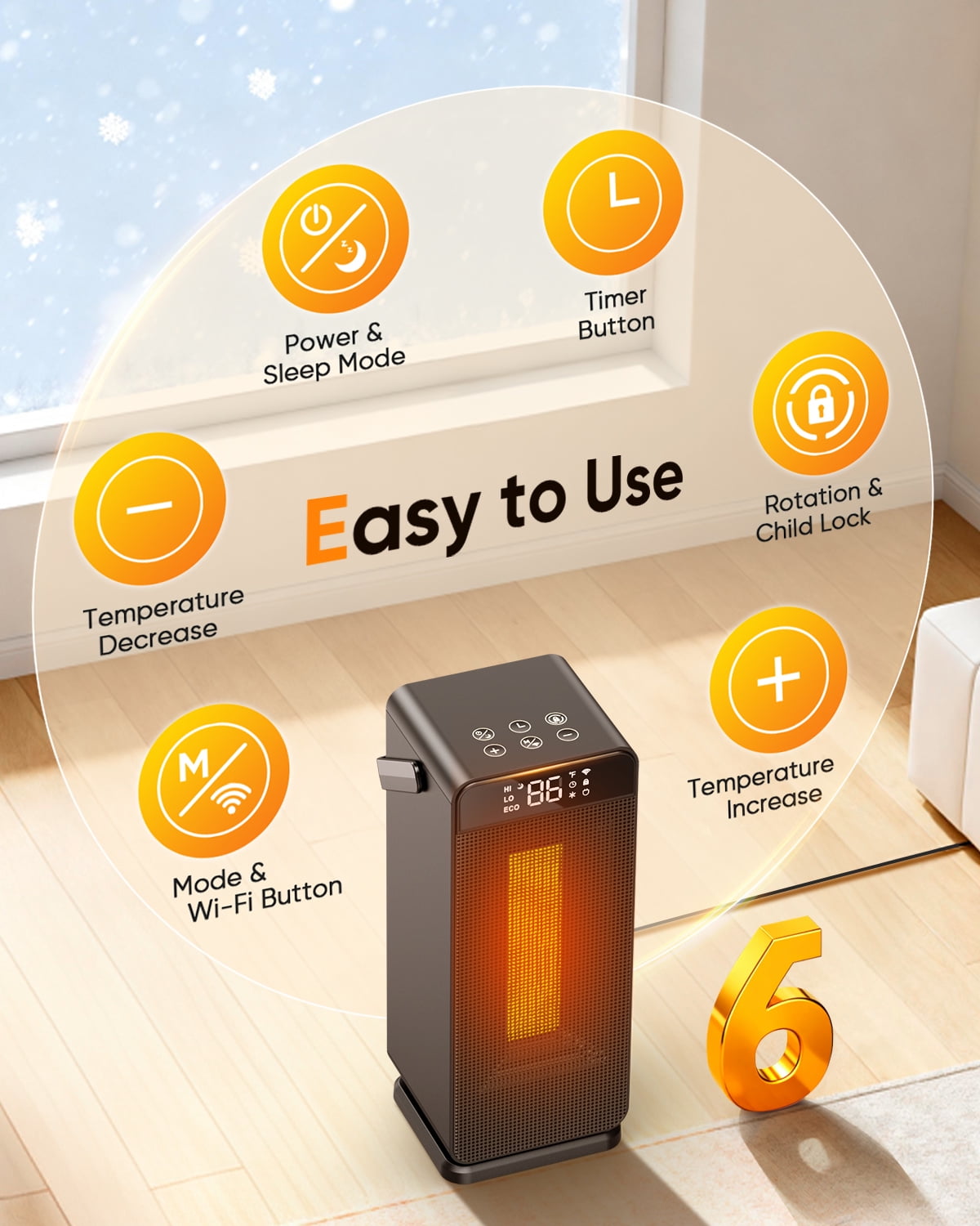 AIRFIRE Space Heaters for Indoor Use, 1500W PTC Ceramic Heater with WiFi and Voice Control, 24H Timer, 5 Modes, Thermostat, for Home, Office, and Bedroom