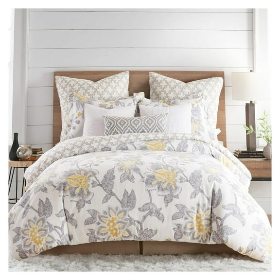 - Reverie Duvet Cover Set - Duvet Cover   One Standard Pillow Case - Floral - Yellow, Grey, and White - Duvet Cover (68 x 88in.) and Pillow Case (26 x 20in.) - Cotton