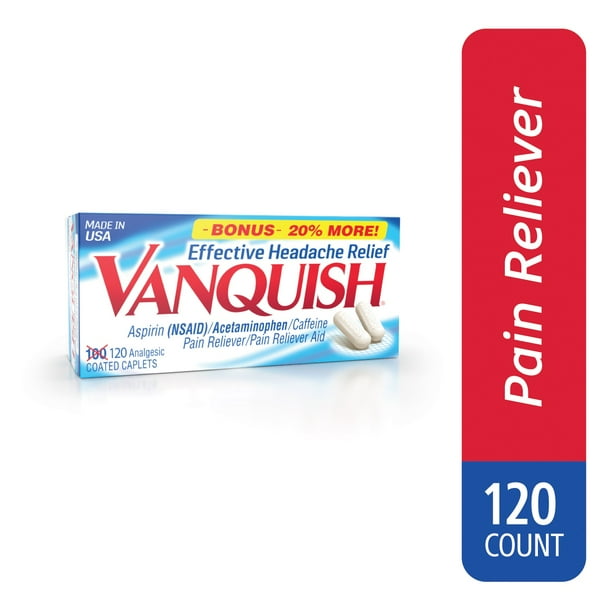 Vanquish Headache And Pain Relief Acetaminophen Aspirin Caffeine 120 Caplets Walmart Com Walmart Com