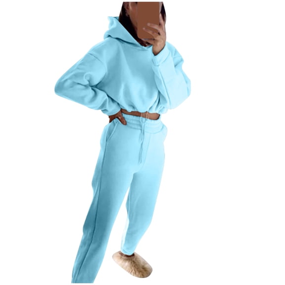 BLOCLOALO 2 Piece Lounge Set Long Sleeve Pullover Hoodie Sweatshirts Casual Solid Color Trousers Sweatershirt Sports Suit Sweatpants and Sweatshirt Set Plus Size Workout Sets Travel Outfits Blue M