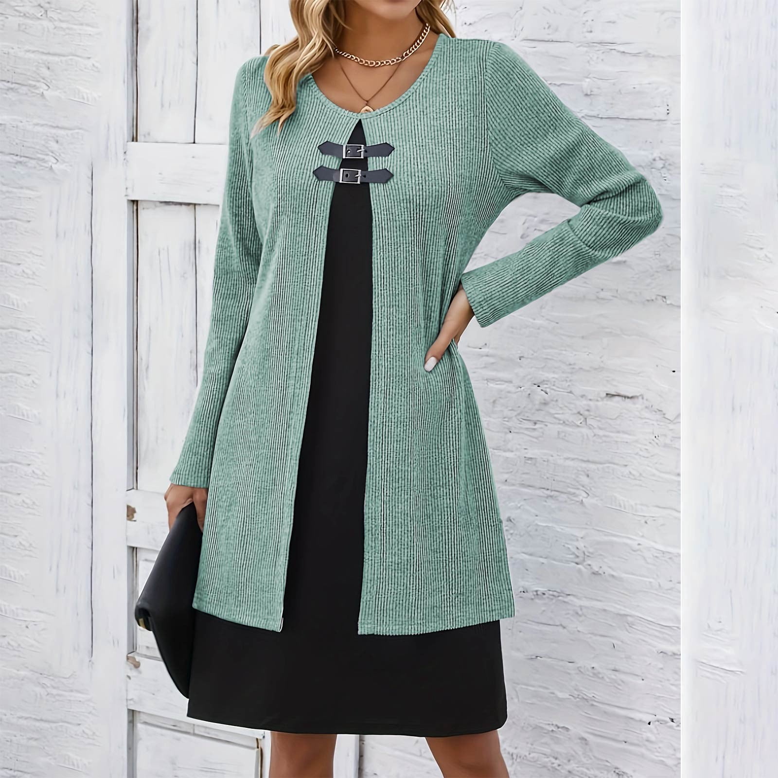 BSDJILFG Sweater Dress Long Sleeve Fall Winter Fake Two Piece Sets Button Mini Shirt Dress