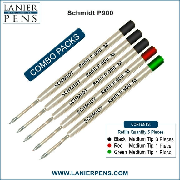 5X Schmidt P900 M Parker Style Ballpoint Refill Red/Green/Black Ink Medium Tip