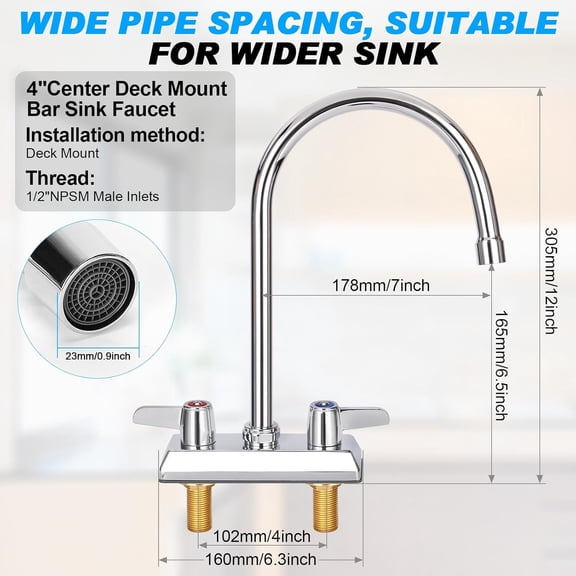 Commercial Bar Sink Faucet, 4 Inch Center Deck Mount Utility Sink Faucet, 2 Hole Brass Constructed, Chrome Polished with 7" Gooseneck Spout and 90 ° Rotatable Dual Lever Handles