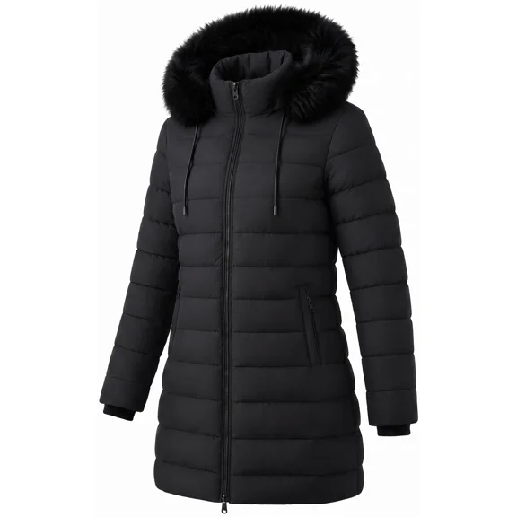 Women's Winter Coats Long Warm Thicken Puffer Jackets Outwear With Removable Faux Fur Hood, Black XL