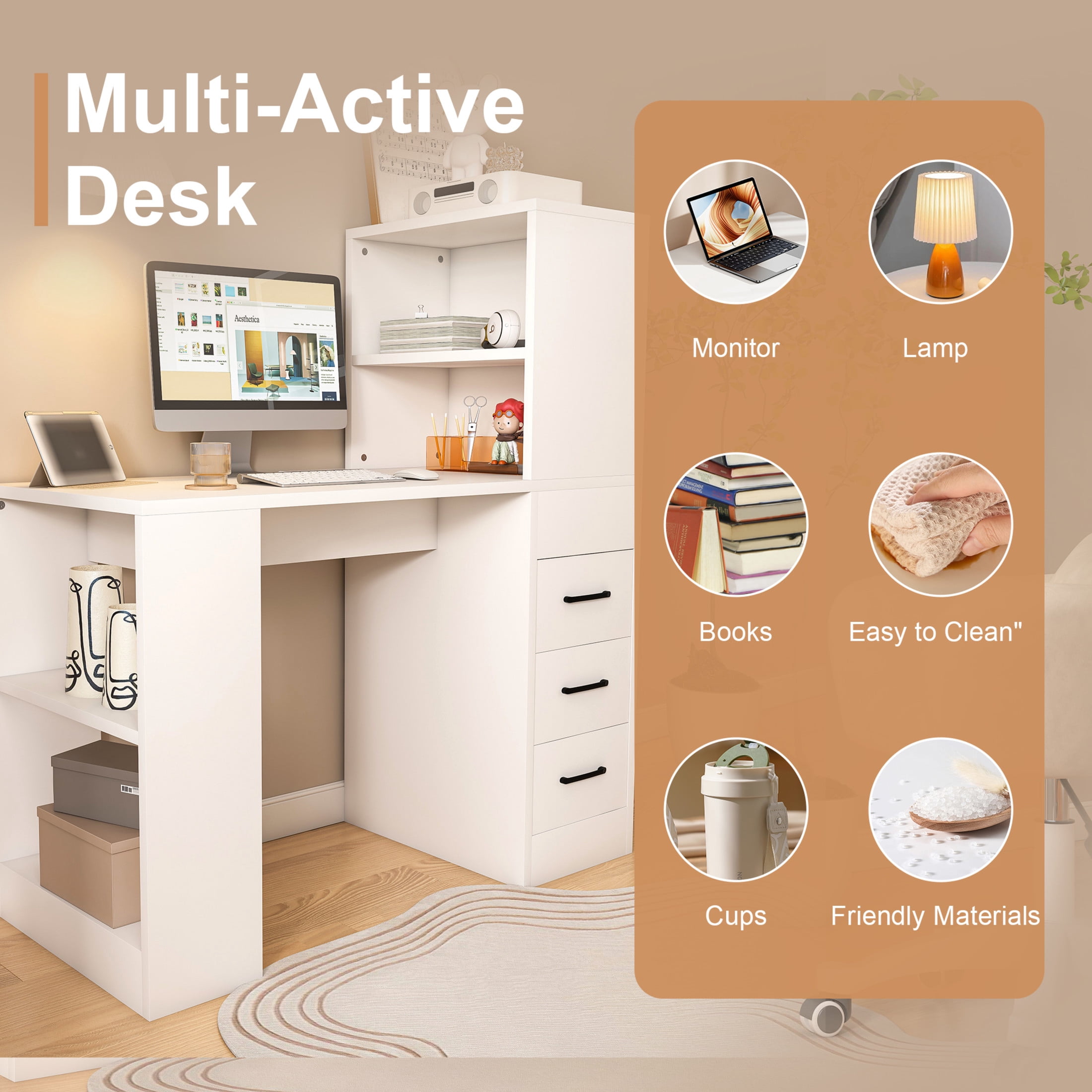 Noble House Computer Desk with Socket, 3 Drawers and 4 Storage Shelves, Modern Wooden Home Office Desk, White