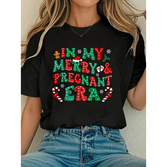 Women Cotton Tshirt Dot In My Merry Pregnant Era Candy Snowflake Christmas Party T-Shirt Comfort Tshirt Women