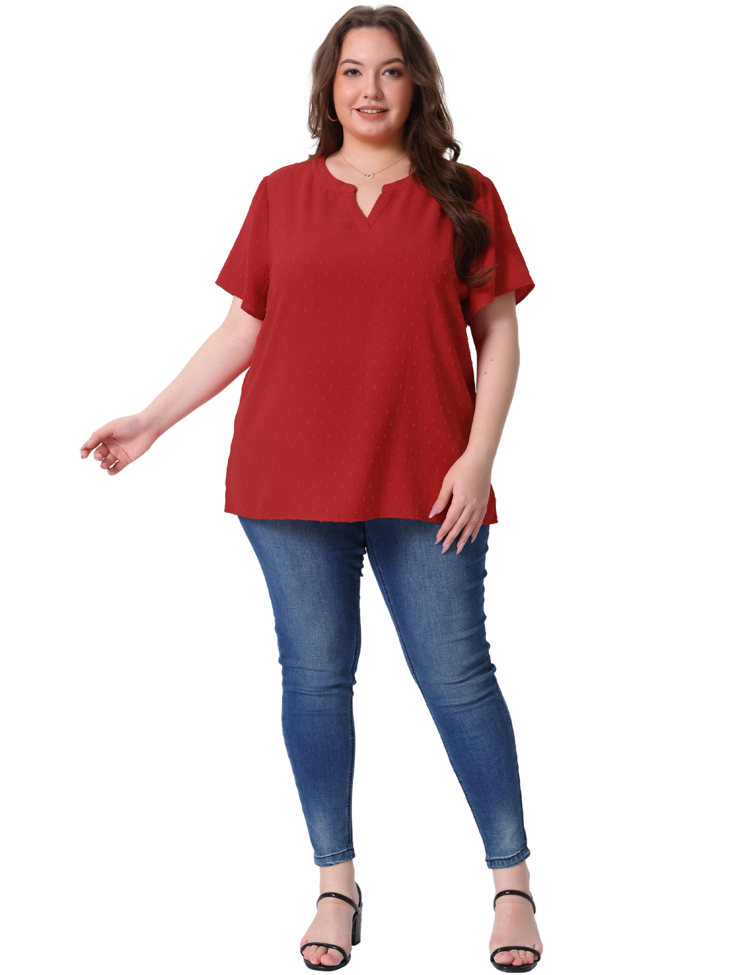 DARING DIVA Women's Plus Swiss Dots Notched Neck Short Sleeve Blouse 3X Red