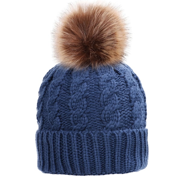 Women\'s French Style Double Layer Winter Autumn Warm, Soft Beanie Hat Denim Blue Double Pom FOX Fur Beanie Women, 2 Pom FOX Fur Knit Winter  main image 2