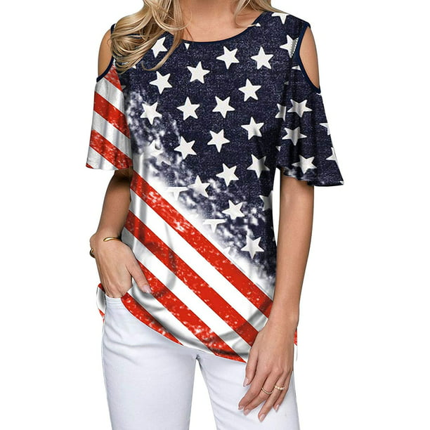 VILOVE Women 4th of July Patriotic Shirts Cold Shoulder American Flag ...