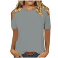 thumbnail image 3 of CFLVAEK Womens Cold Shoulder Tshirts Casual Short Sleeve Summer Tshirt Loose Fit Round Neck Blouses Fashion Solid Color Going Out Tops Gray M, 3 of 7