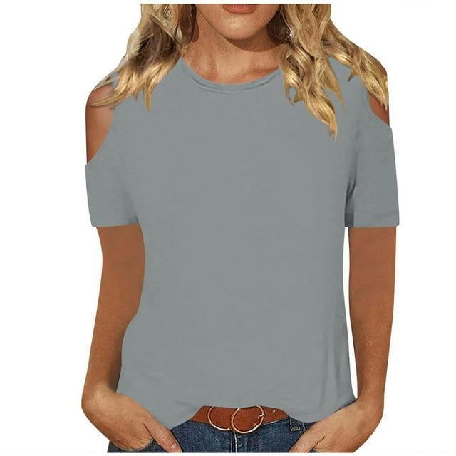 Timegard T-Shirts à Manches Courtes pour Femmes, Épaule Dénudée, Col Ras du Cou, Tunique Décontractée Confortable, T-Shirt Basique Mignon