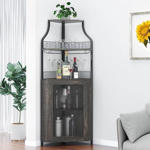 TROPOW Industrial Corner Bar Cabinet for Dining Room – Removable Wine & Glass Racks, Adjustable Shelves, Mesh Doors, Built-in Lighting – Home Liquor & Wine Storage