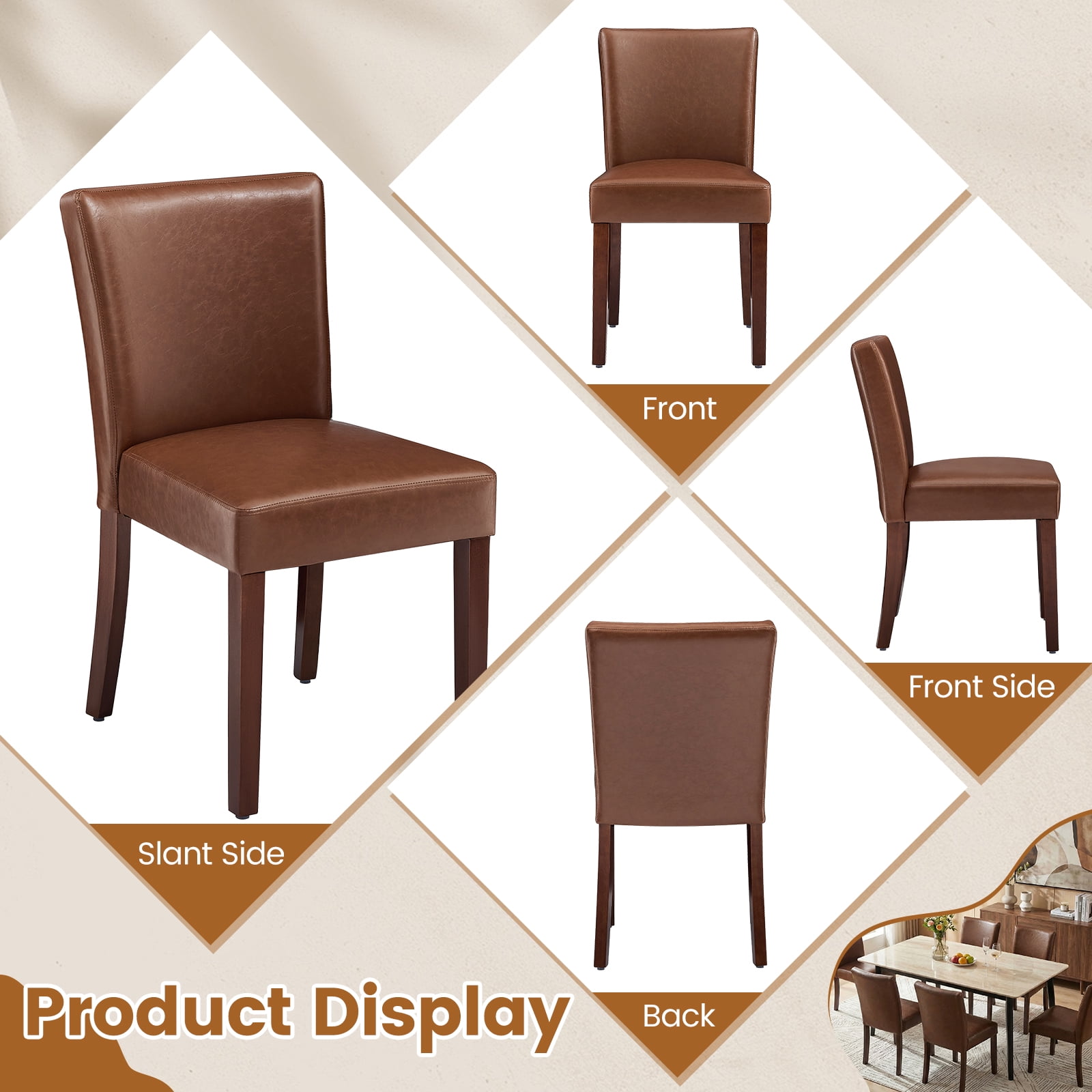 Firmoz Set of 2 Faux Leather Dining Chairs, Parson Modern Kitchen Chairs with Wood Legs, Brown