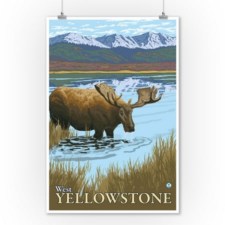 Mt Moose - Moose Drinking at Lake - West Yellowstone, MT - LP Original Poster (9x12 Art Print, Wall Decor Travel Poster)