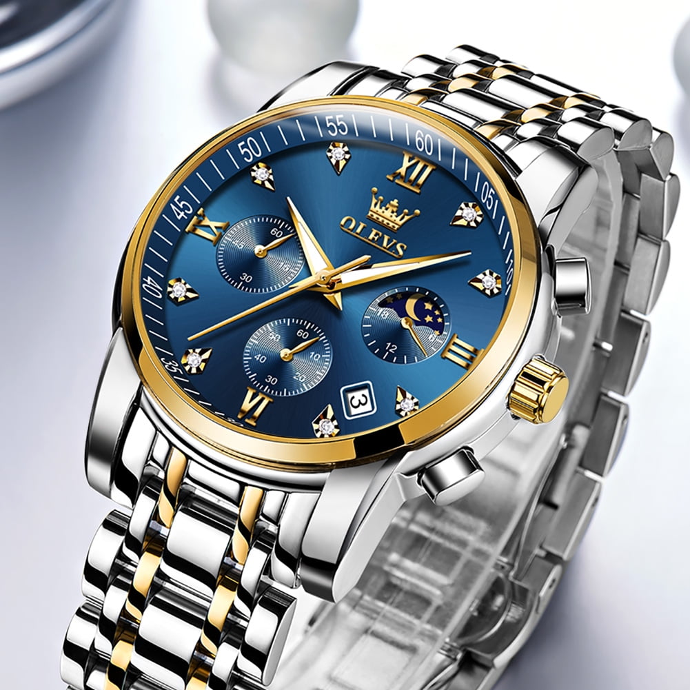 OLEVS Watches for Men, Mens Watches Gifts for Men Chronograph Analog Quartz Luxury Casual Classic Diamond Waterproof Luminous Stainless Steel Reloj para Hombre Blue Dial