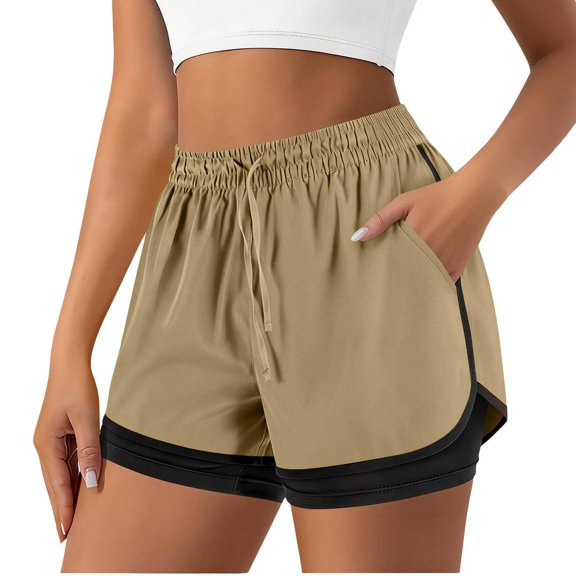 Tdoqot Womens Athletic Shorts with Pockets- Elastic Waist Drawstring Waterproof Quick Dry Stretch Workout Running Shorts Beige Size 3XL