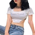 thumbnail image 1 of Women Cropped Tops Short Bare Navel Diamonds Letter Irregular Pullover, 1 of 7