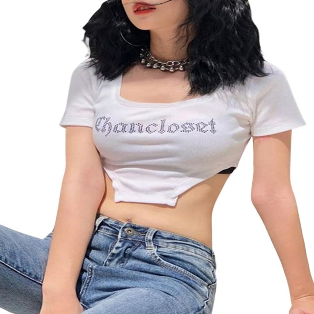 Women Cropped Tops Short Bare Navel Diamonds Letter Irregular Pullover