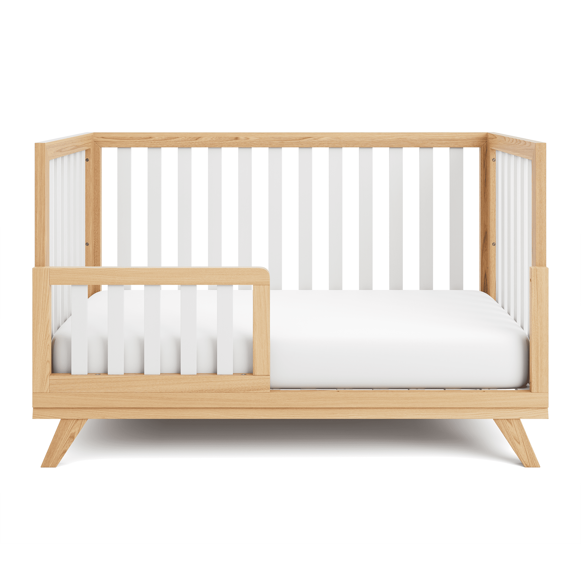 Comfy Cubs Crib Conversion Kit – Toddler Bed Guard Rail,&nbsp; White Bars and Natural Wood Frame and Legs