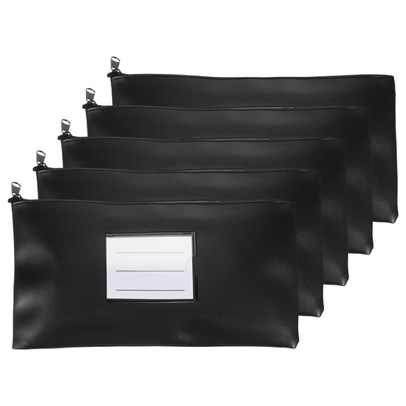 11x6 Inch Money Bags with Zipper, 5Pcs PU Leather Cash Deposit Bank Pouch Envelopes Check Wallet for Coin Cosmetics Invioce Bill, Black