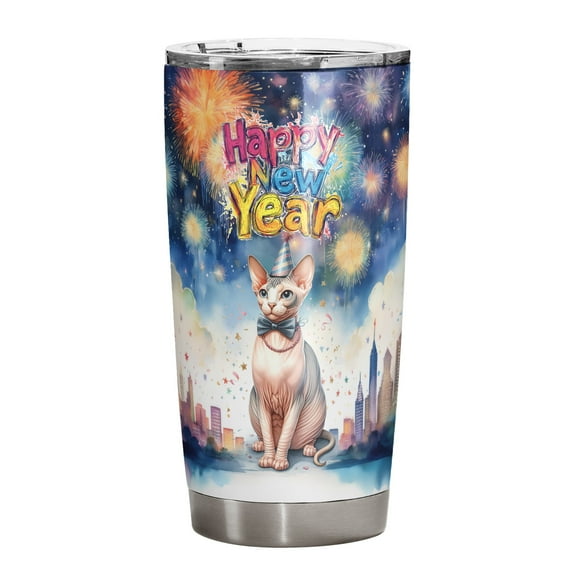Happy New Year with Sphynx Fireworks Holiday Xmas Winter 2025 20oz Stainless Steel Tumbler Insulated Cup with Lid Cat Lover Kitten Owner Gifts Idea - 00025