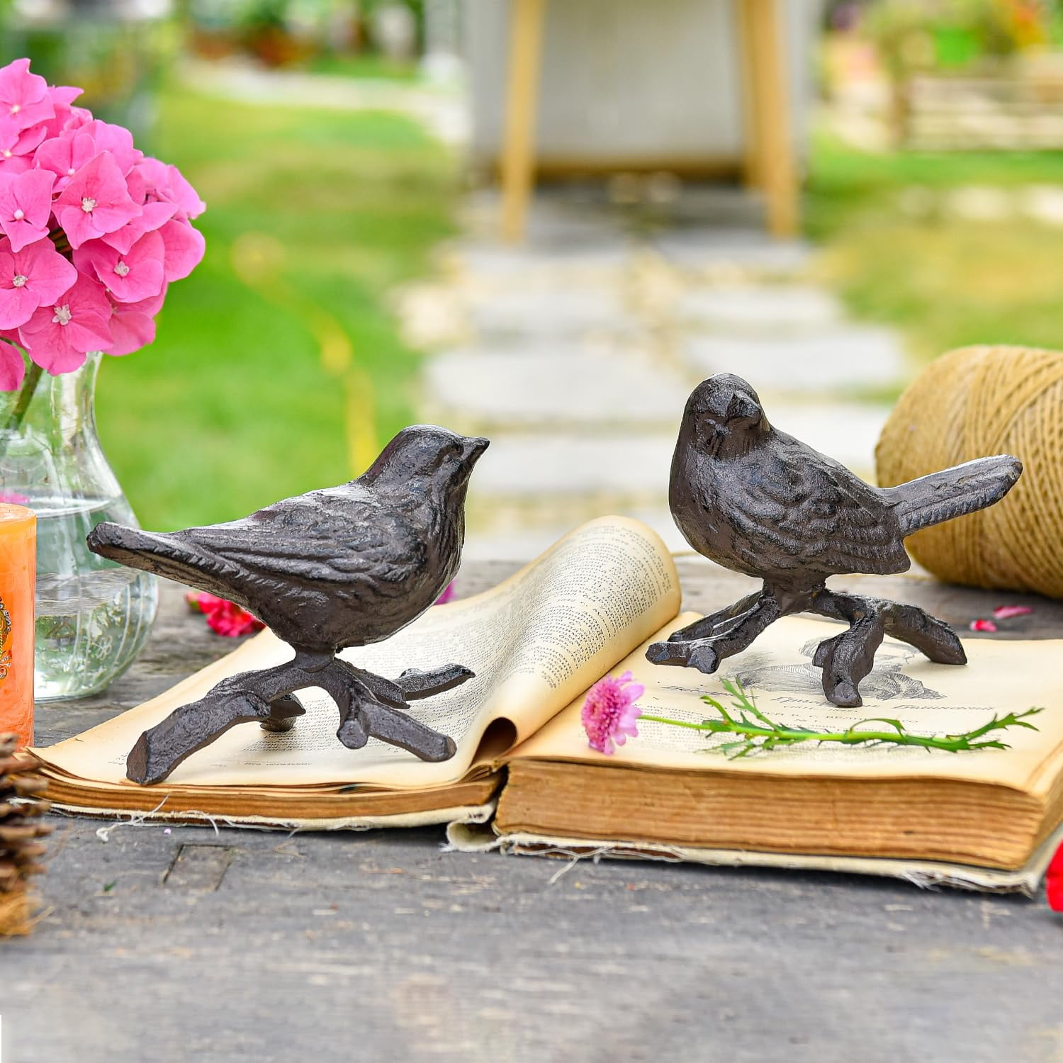 Sungmor Cast Iron Small Bird Statues, Set of 2 Rust Brown Bird with Branch Collectible Figurines, Farmhouse Home Garden Decorative Bird Sculpture, Realistic Indoor and Outdoor Ornaments