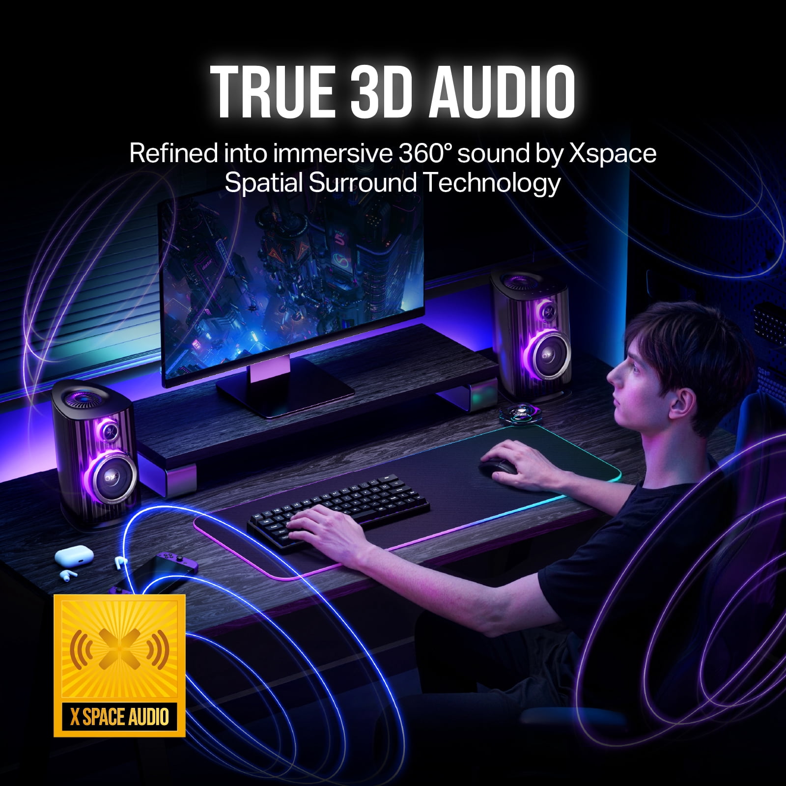 OXS Thunder Duo Gaming Speaker with Dolby Atmos, 3.1.2ch, Studio-Grade HI-FI Audio, Dynamic RGB, Multi EQ Modes, APP Customization, HDMI 2.1, USB-C, Bluetooth, for PCs and Gaming Consoles