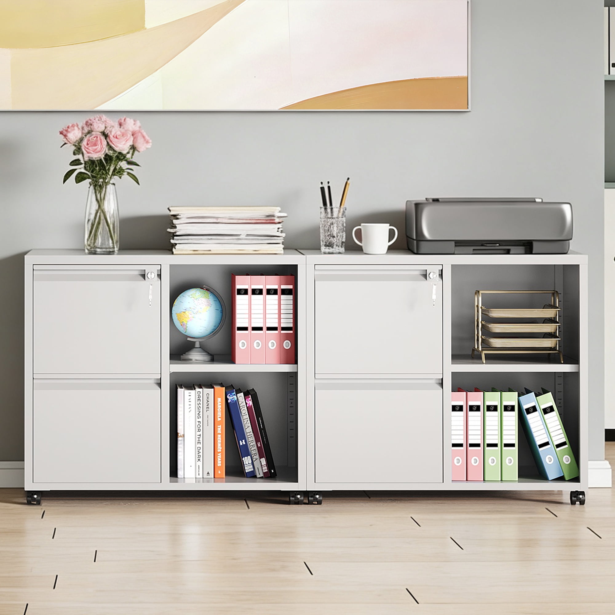 GALAXHERO 2 Drawer File Cabinet with Lock, Metal Filing Cabinet for Home Office, Rolling Printer Stand with Adjustable Shelf, Fit Letter/A4/Legal Size Files, White