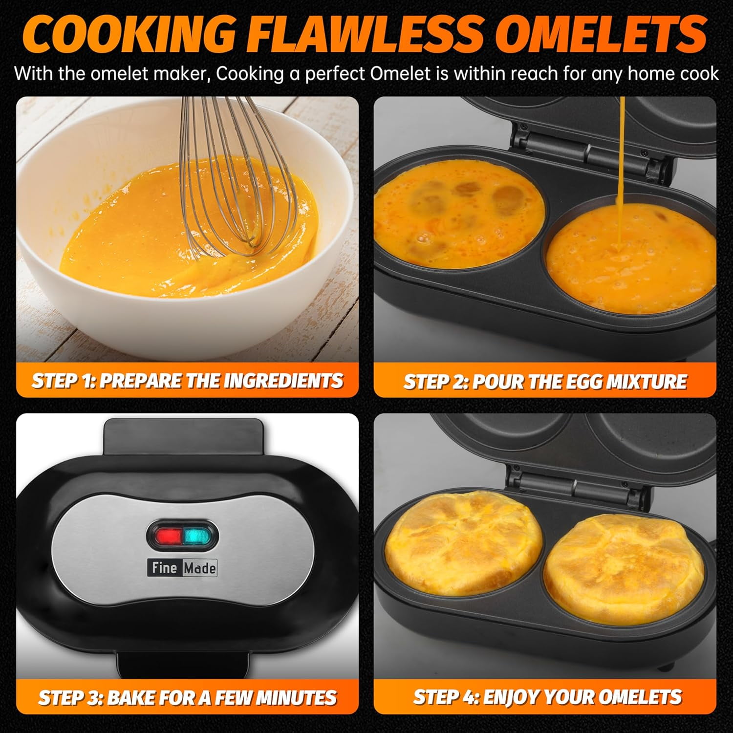 Electric Omelette Maker with Nonstick Pan, Dual Grooves for Egg Bites & Pancakes, Black
