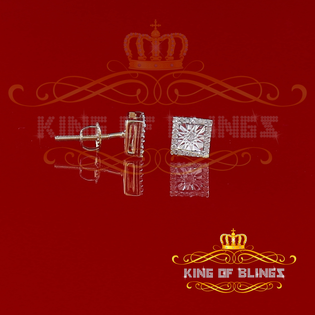 King of Bling's Square 925 Yellow Silver 0.10ct Genuine Diamond Women's/ Men's Stud Earrings