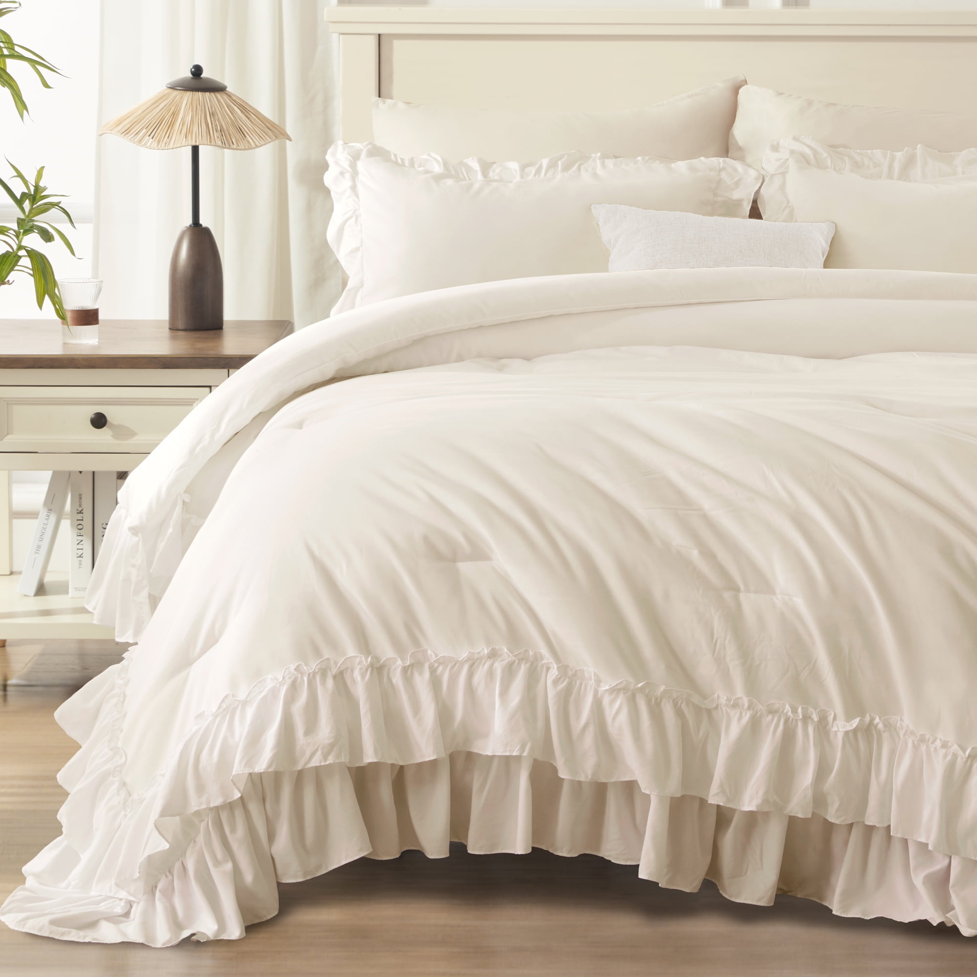 ANGENIA Full Size Comforter Set Beige - 3 Pieces Soft Cozy Fluffy Cream Ruffle Bedding Comforter Sets, All Season Lightweight Farmhouse Down Alternative Bed Set for Girls Teens Boys Kids