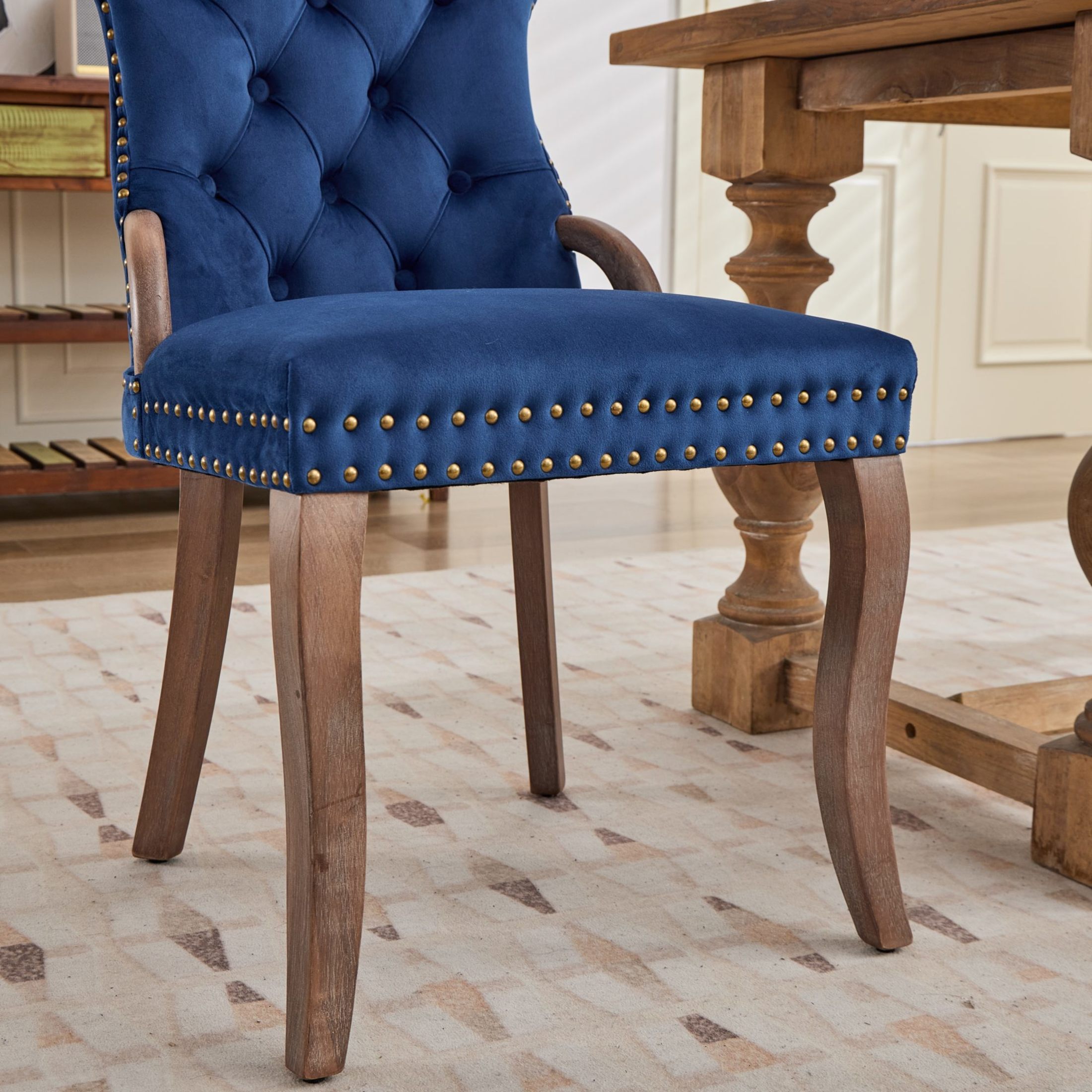 GDF Studio Set of 2 Dining Chairs with Tufted Velvet Upholstery, Copper Nailhead Trim, Blue