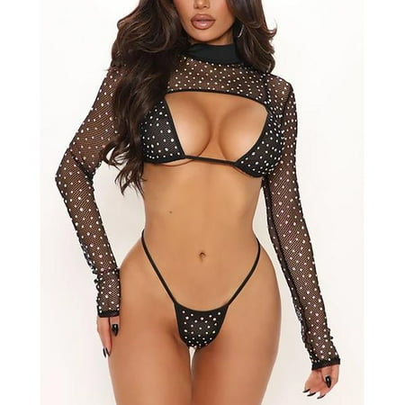 

QWERTYU 2PCS Womens Sexy Teddy Bra and Panty Sets Babydoll Polka Dot Lingerie Set Mesh Long Sleeve Lingerie Black S