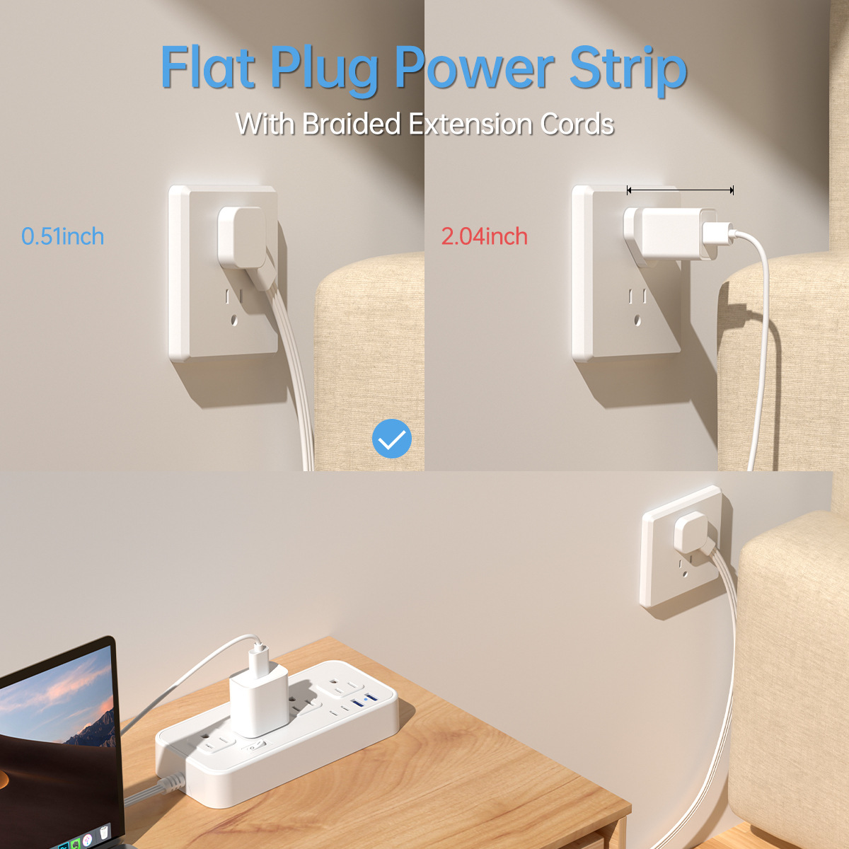 US Power Strip 8 Outlets Surge Protector 12 in 1 Charging Station2 USB C 2 USB Ports,5FT Flat Plug Extension Cord for Home