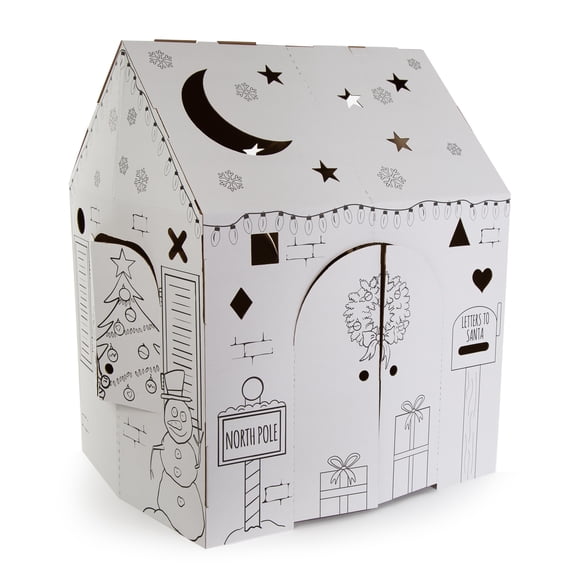 Easy Playhouse Holiday Cottage - Kids Indoor Art & Craft, Color & Decorate Festive North Pole Cardboard Fort, 32" x 26.5" x 40.5", for Ages 3 