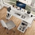 thumbnail image 2 of UHOMEPRO Computer Desk, 47" Home Office Desk with Power Outlet, Monitor Stand, 2 Drawers, Reversible Desk with Storage Bag and Hook, Writing Study Desk Gaming Desk, White, 2 of 6