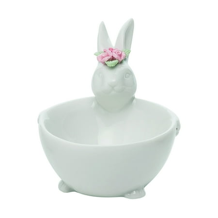 Transpac 4.6 in White Ceramic Easter Bunny Bowl with Colorful Flowers Perfect for Serving and Easter Decor