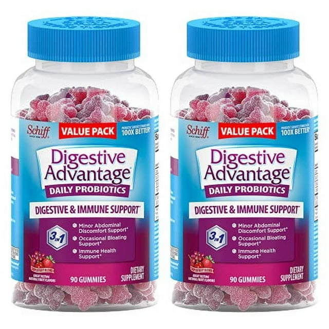 Gomitas probióticas Digestive Advantage para la salud digestiva, probióticos diarios para mujeres y hombres, apoyo para la hinchazón ocasional, molestias abdominales menores y salud intestinal, 2 bote